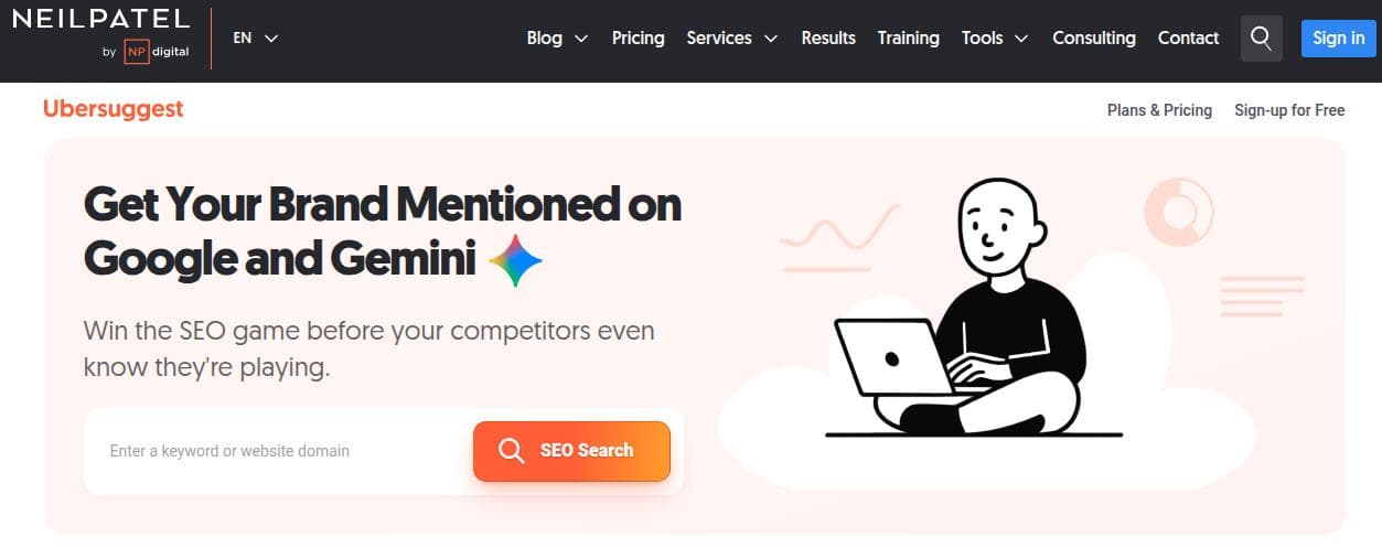 Ubersuggest landing page.