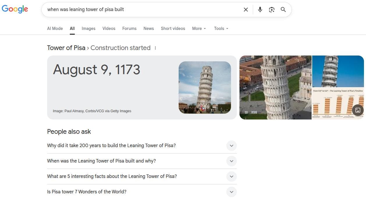 Zero-click answer for the keyword 'when was Leaning Tower of Pisa built.'