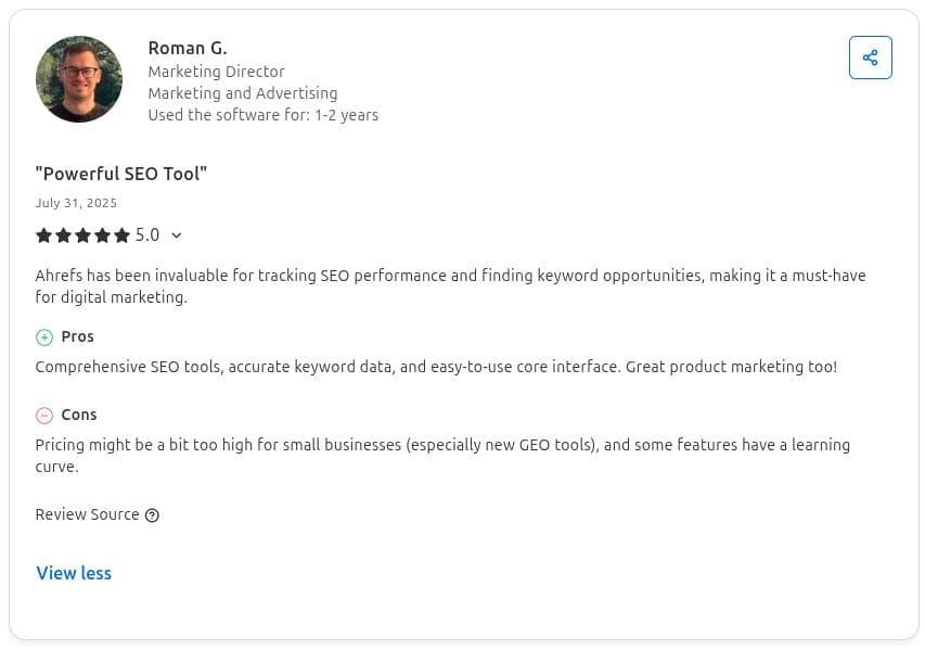 Ahrefs reviewer discussing its high pricing issue.