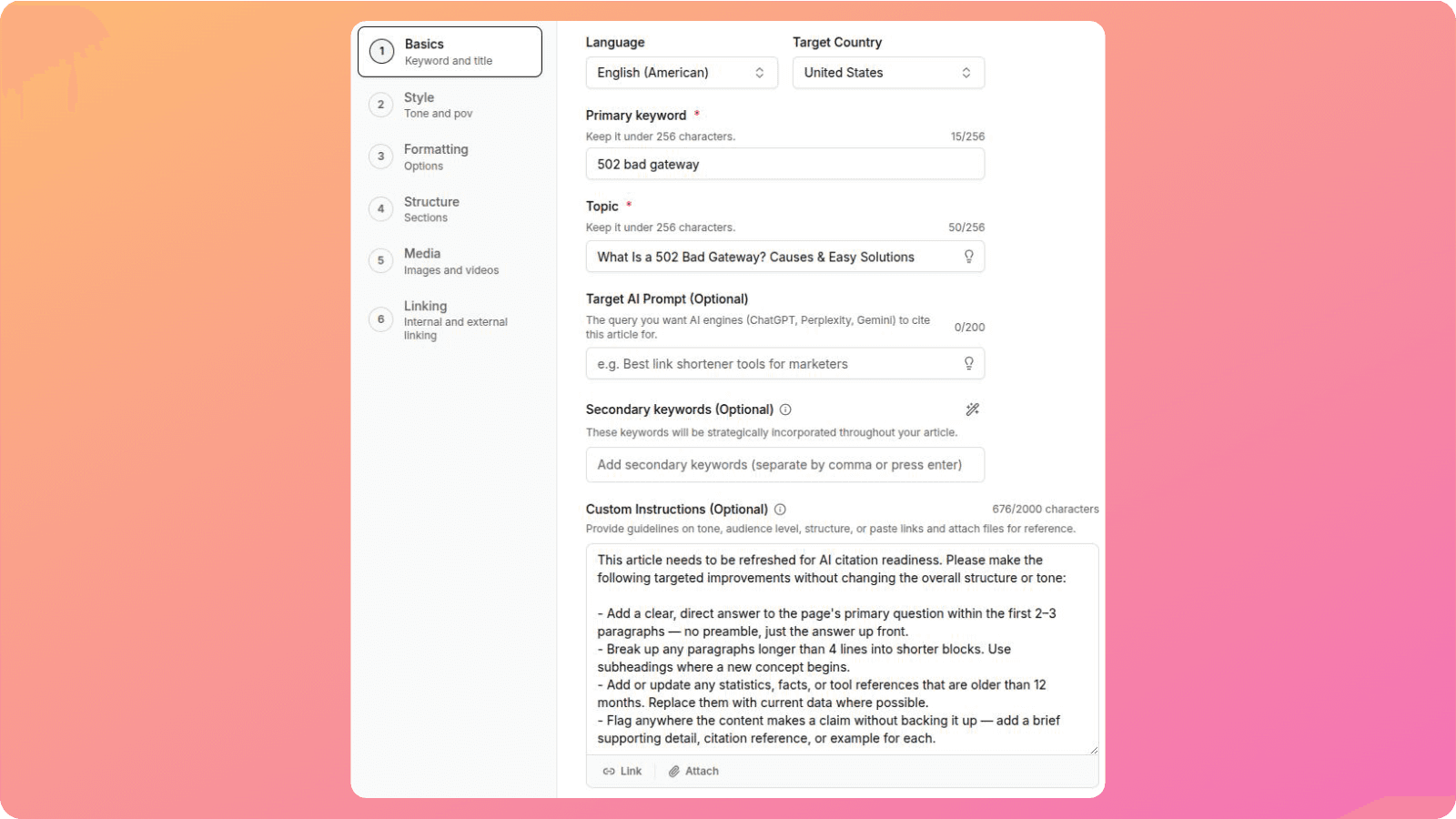 Custom prompt added to Contentpen for generating AEO-optimized content.