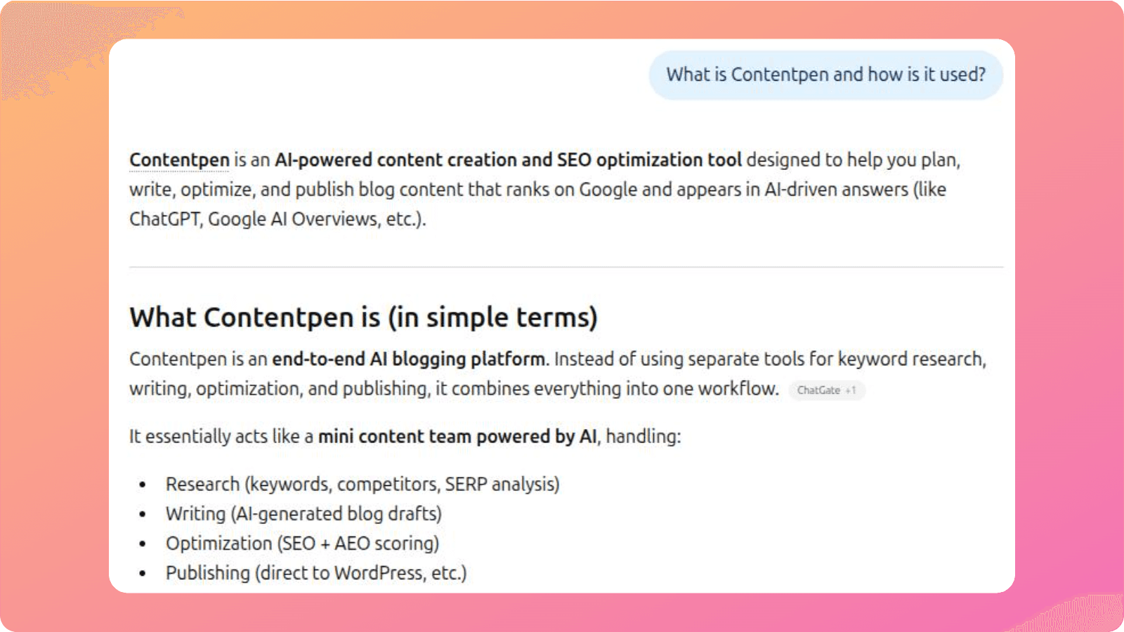 ChatGPT example for a Contentpen branded query.