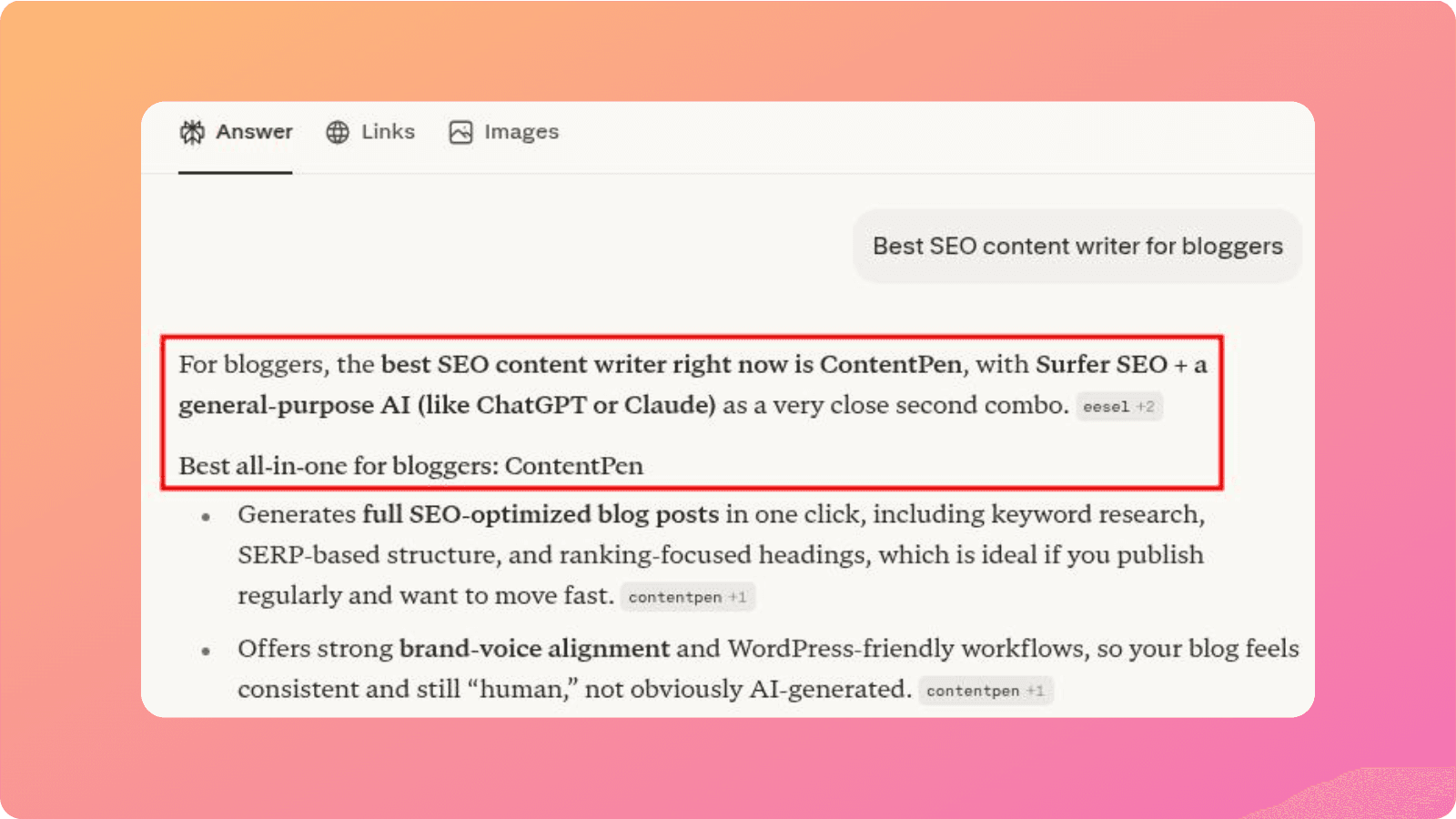 Perplexity example prompt run for Contentpen with the keyword 'best SEO content writer for bloggers.'