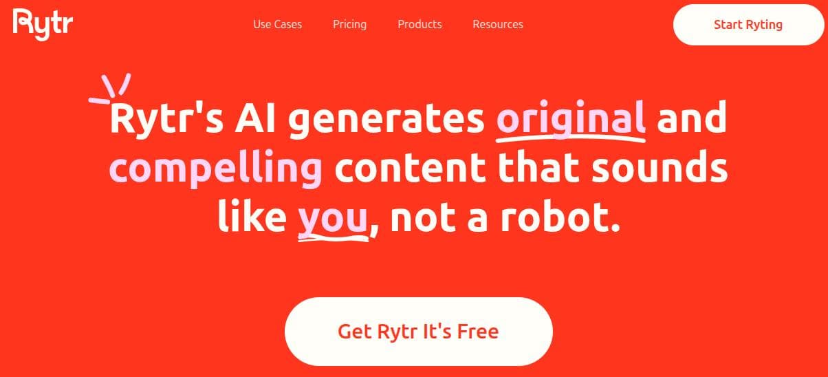 Rytr landing page.