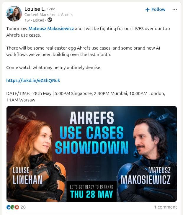 Louise L. from Ahrefs, having an Ahrefs use cases showdown - post from LinkedIn.