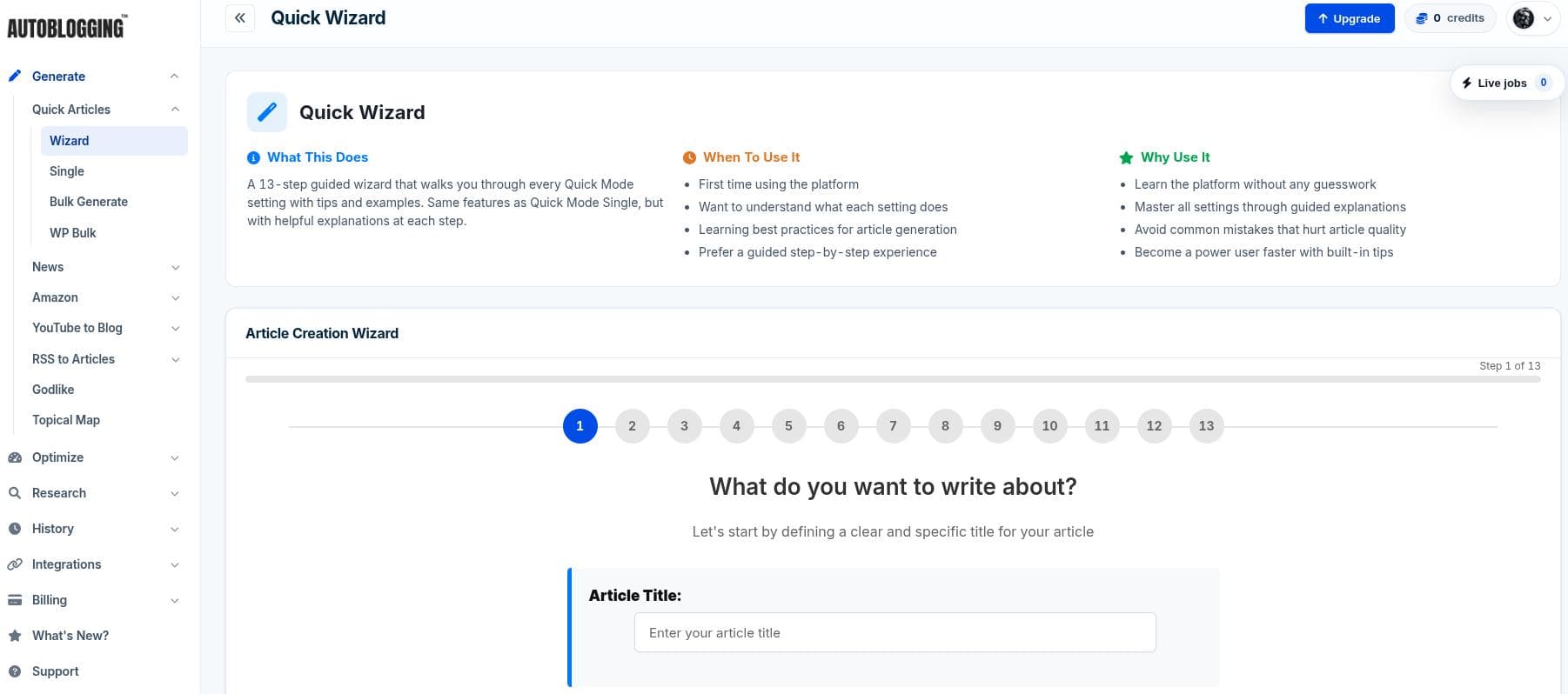 Autoblogging.ai main interface.