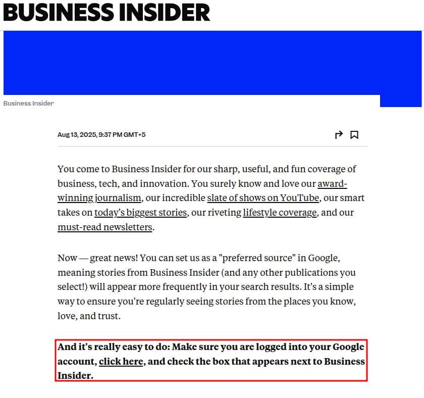 Business Insider incorporating Google Preferred Source news link in their article.