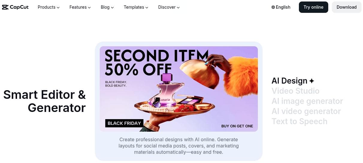 CapCut landing page.