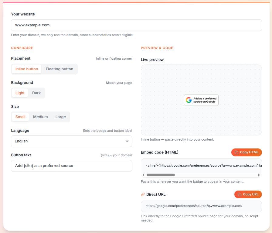 Contentpen's free Google Preferred Source button maker tool.
