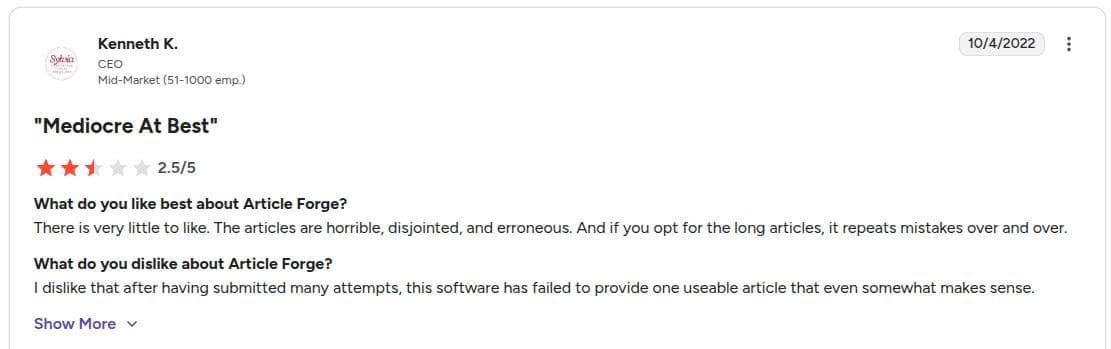 User discussing that the content generated from AF is not publish-ready.