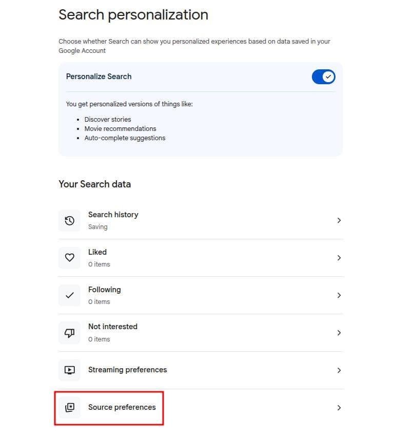 Source preferences option under 'Search personalization.'
