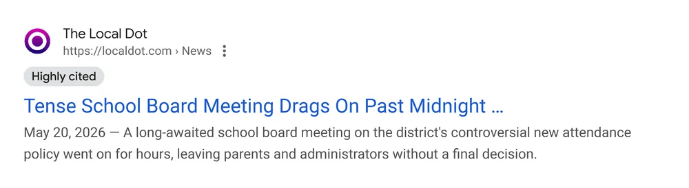 The Local Dot web article shown as 'Highly cited' in Google SERP results.