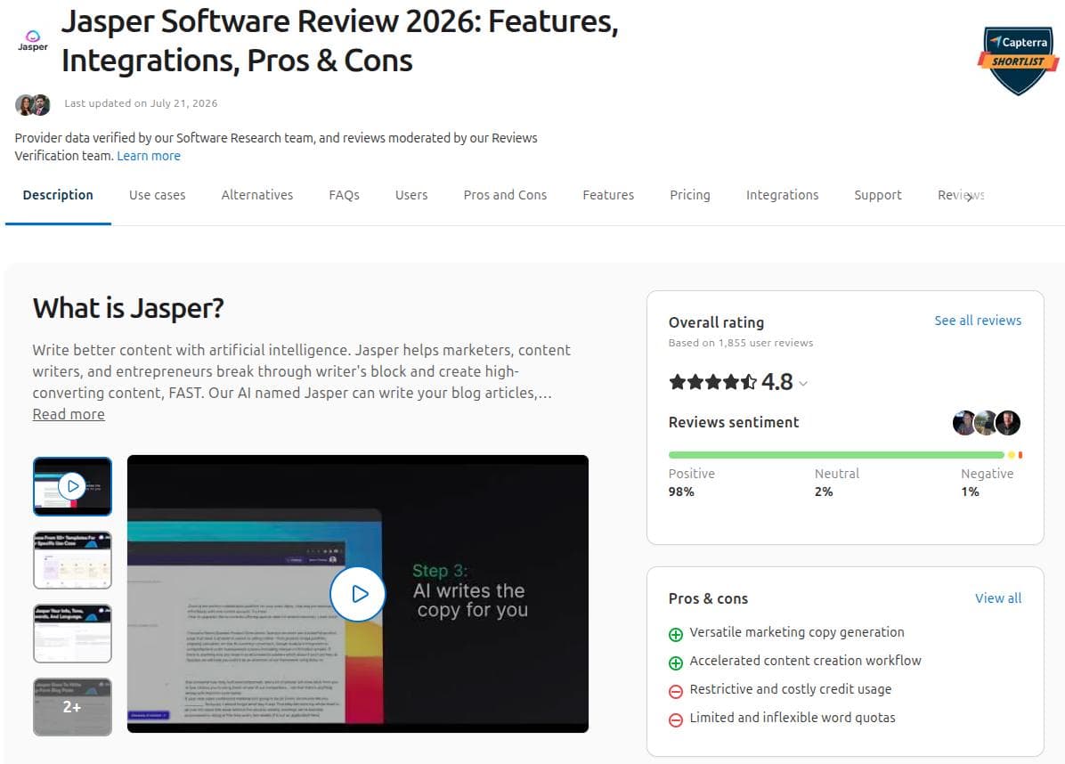 Jasper Capterra user reviews summary, along with its pros and cons.