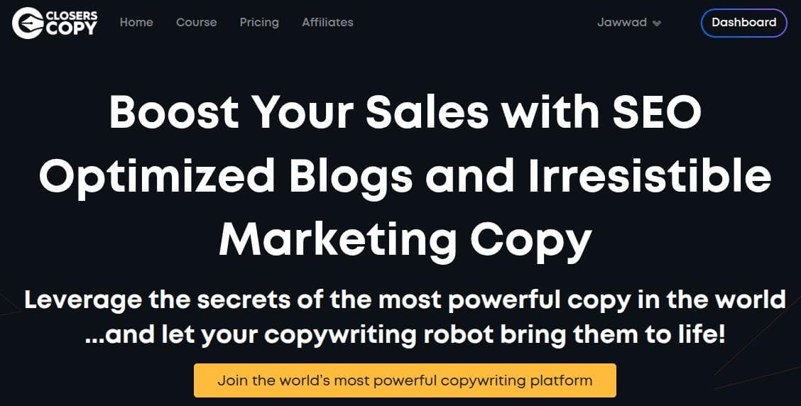 ClosersCopy landing page.