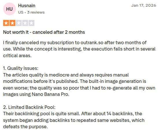 Outrank review on Trustpilot, highlighting the content quality and limited backlink pool issue.