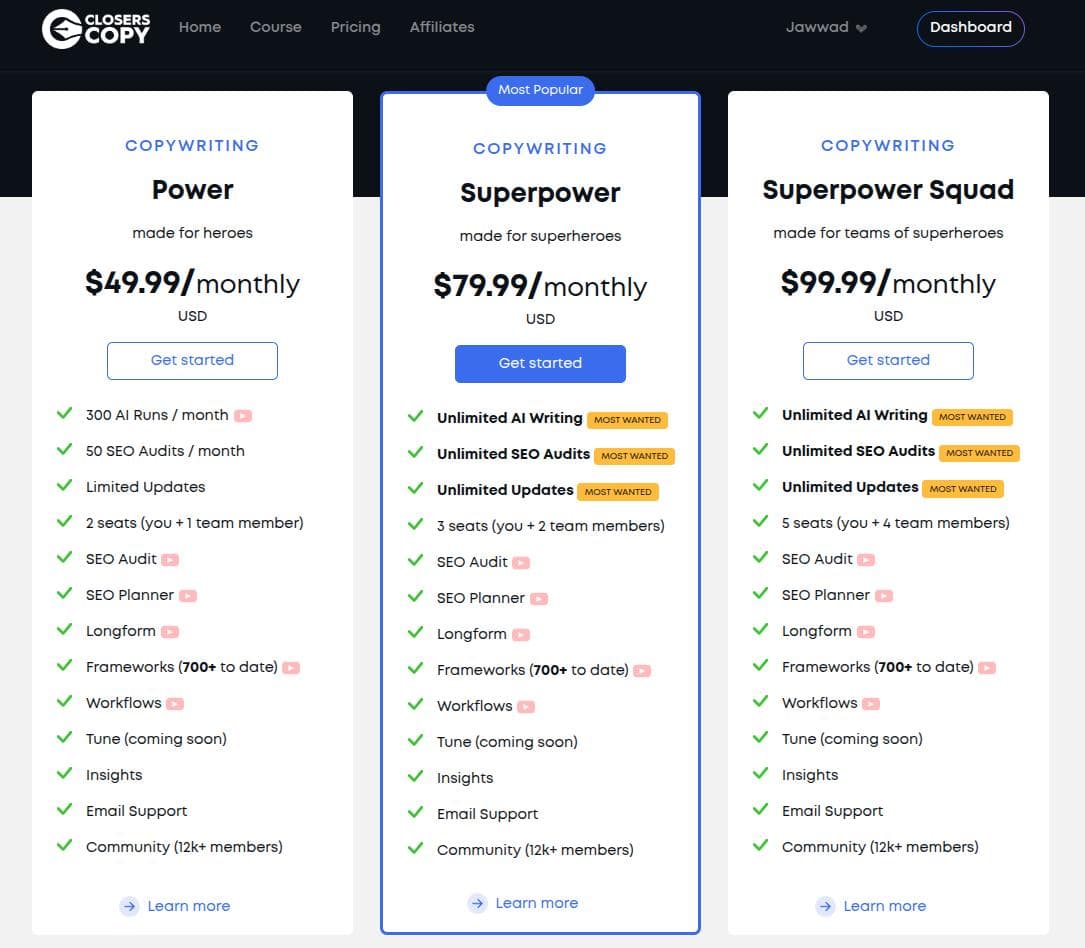 ClosersCopy pricing details.
