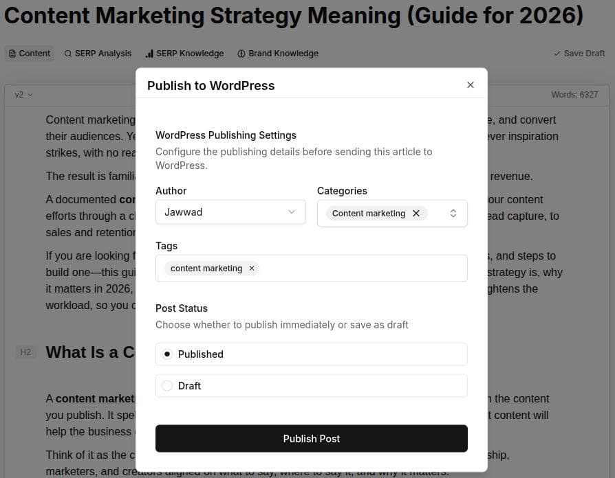 Publish to WordPress - Contentpen.ai.