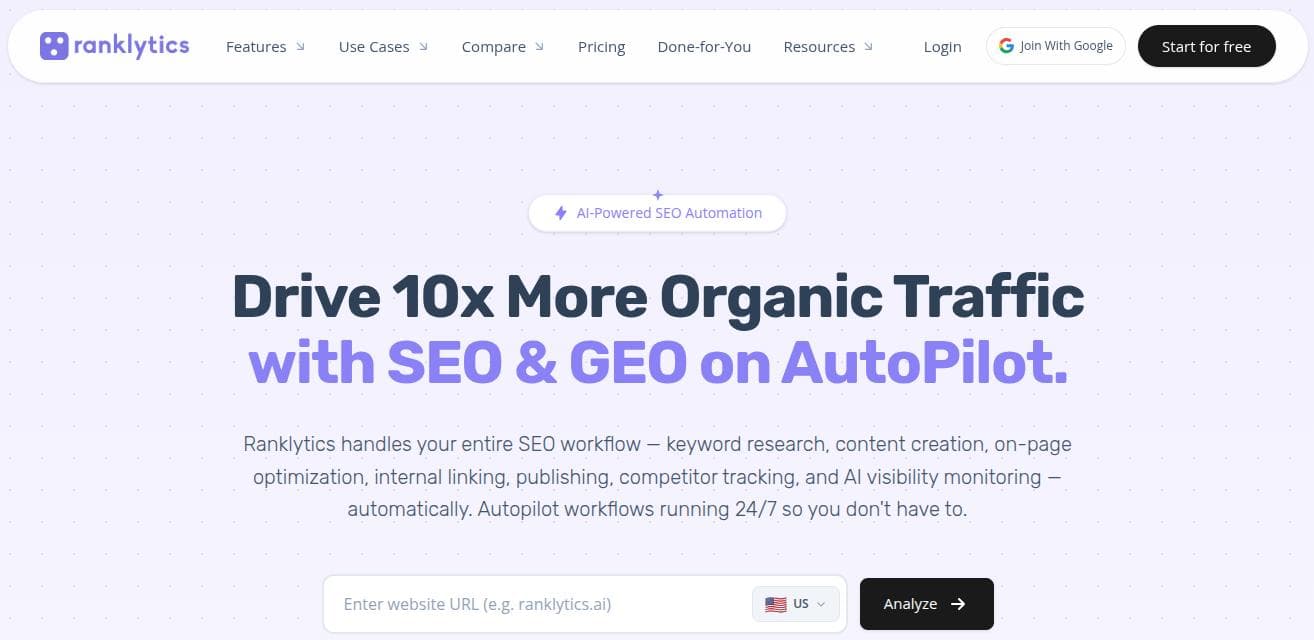 Ranklytics landing page.