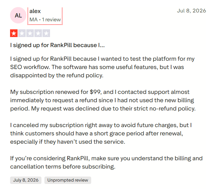 Trustpilot user review for RankPill highlighting billing issues.