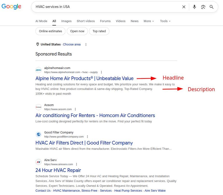 Ad copy example shown for a Google text ad for the keyword 'HVAC services in USA.'
