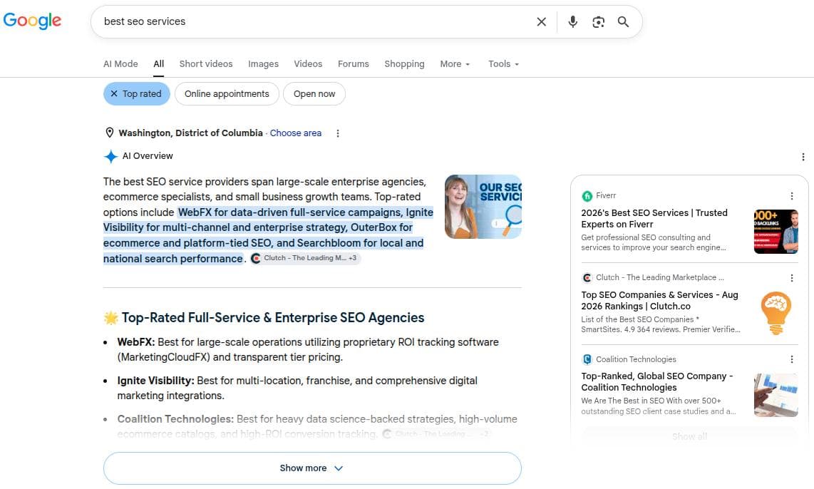 Google AI Overviews example of search engine marketing for the keyword 'best SEO services.'