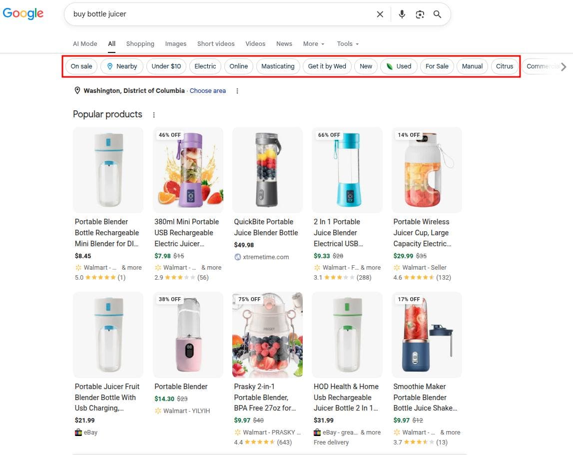 'Buy bottle juicer' example with semantic keywords highlighted.