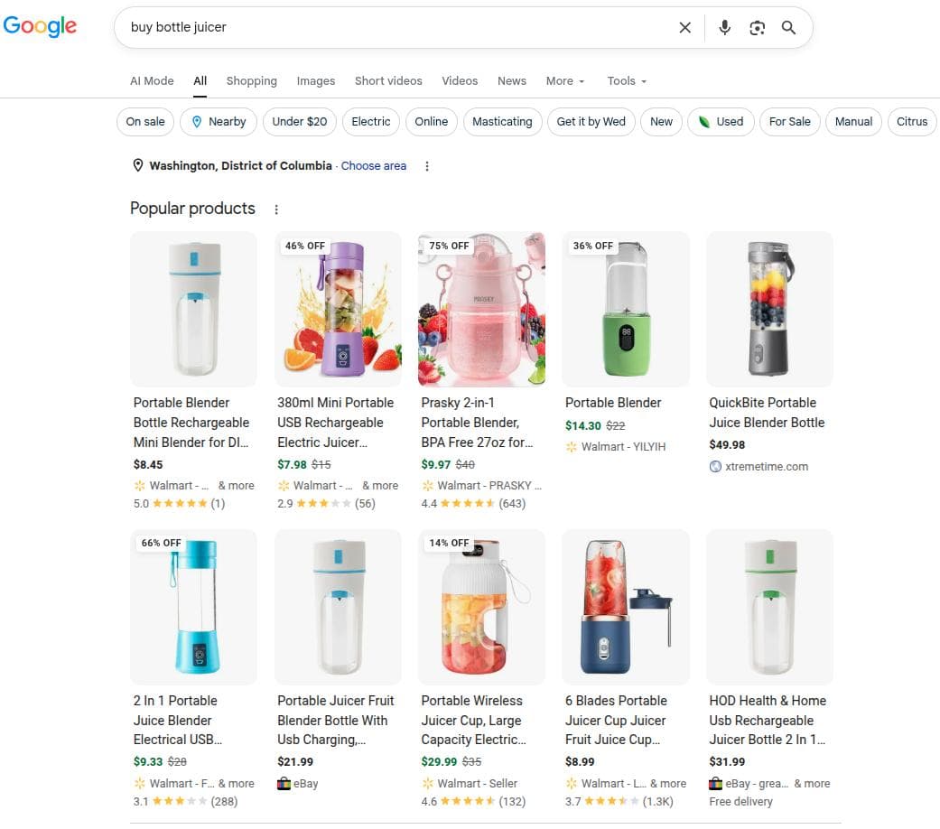 Shopping ad example for keyword 'buy bottle juicer.'
