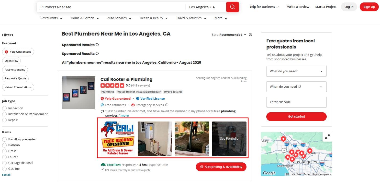 Cali Rooter plumbing services local citation example on how to fill out your profile online.
