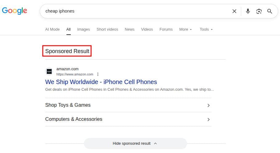 Google search text ad sponsored for keyword 'Cheap iPhones.'