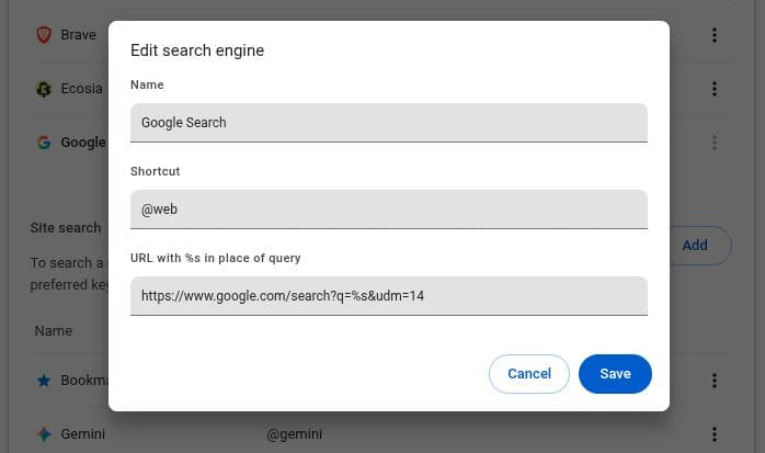 Creating custom site search shortcut with the '&udm=14' parameter.
