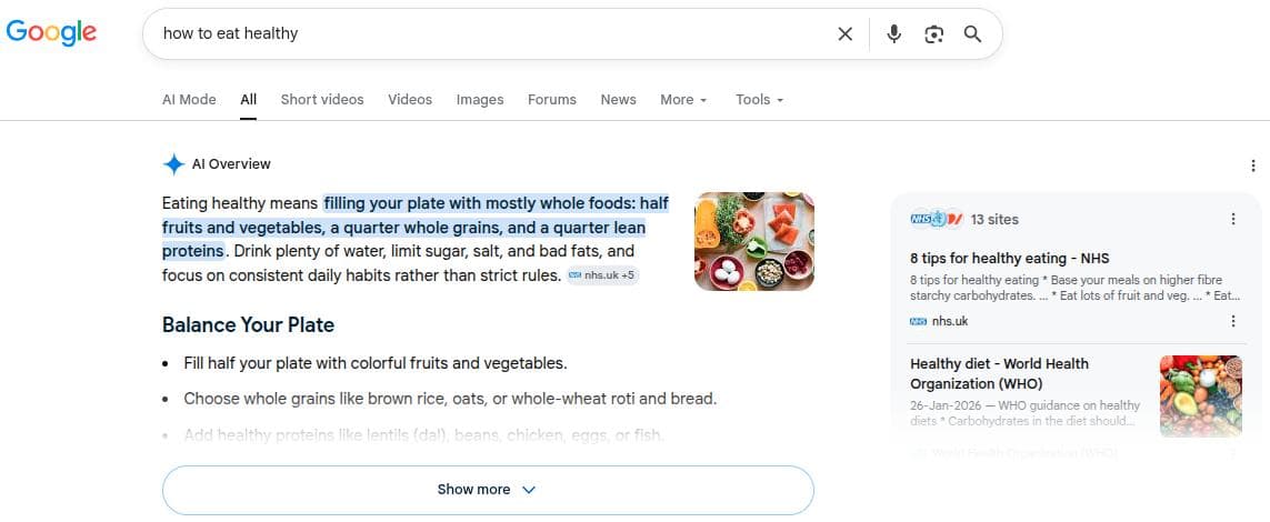 An AI Overview example for query 'how to eat healthy.'