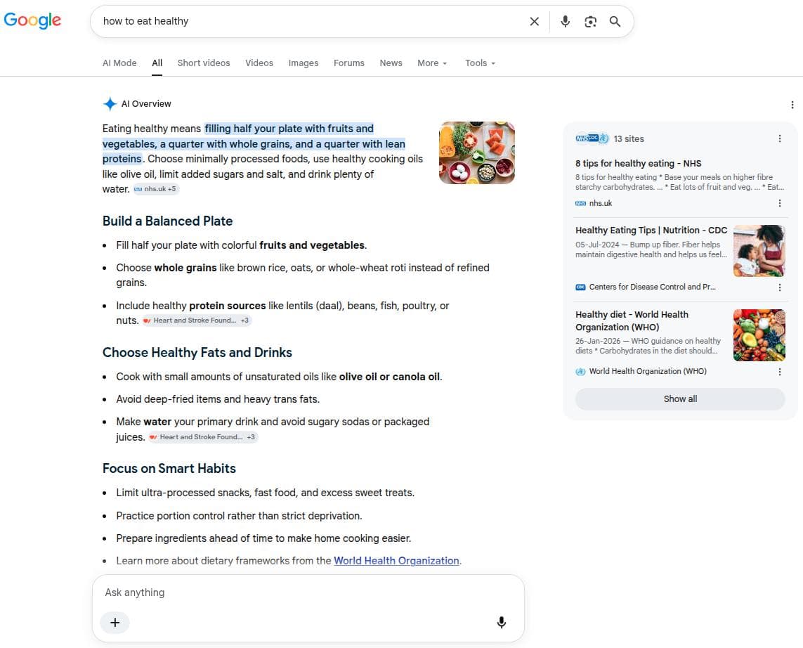 The 'How to eat healthy' example query expanded to  see Google AI Mode.