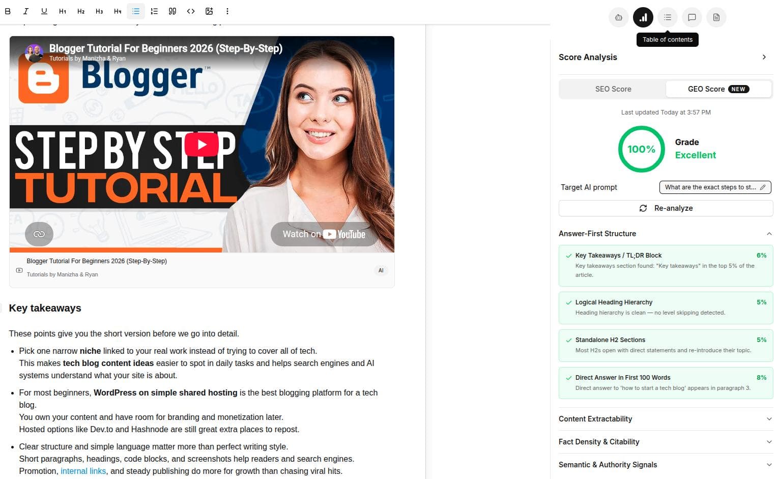 'How to start a tech blog' example in Contentpen with SEO and GEO score.