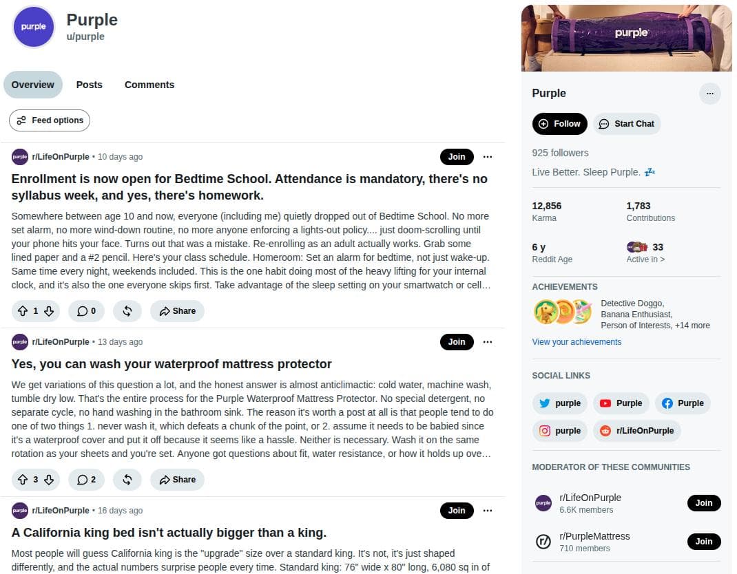 Mattress brand Purple's Reddit with high Karma and contributions.