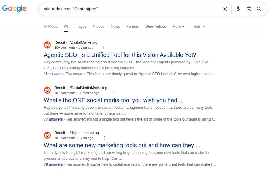 Focused Reddit search for 'Contentpen' to surface top threads.