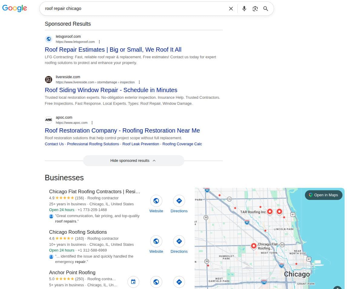 Google search result for keyword 'roof repair Chicago.'