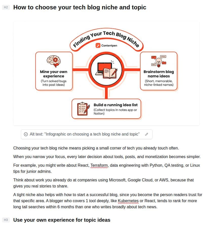A blog example shown in the Contentpen editor for the topic 'How to start a tech blog.'