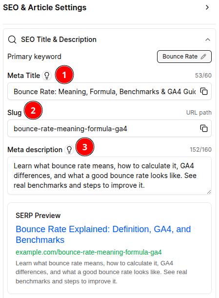 Metadata information for an article inside Contentpen.