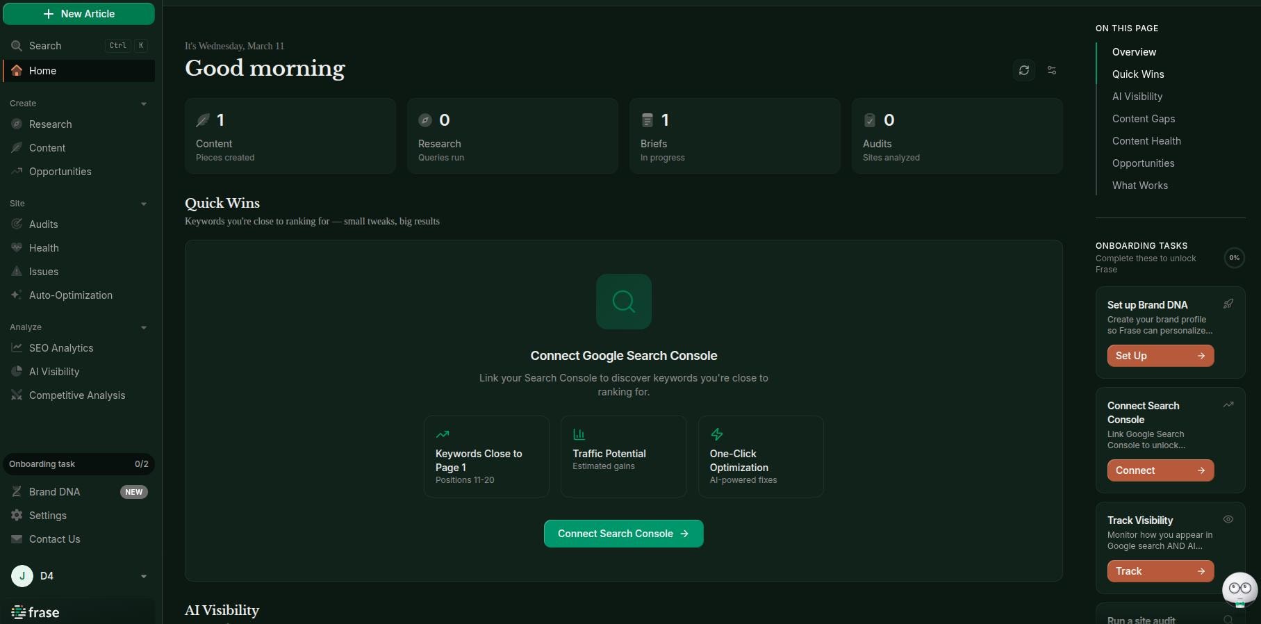 Frase main interface with SEO and GEO options.