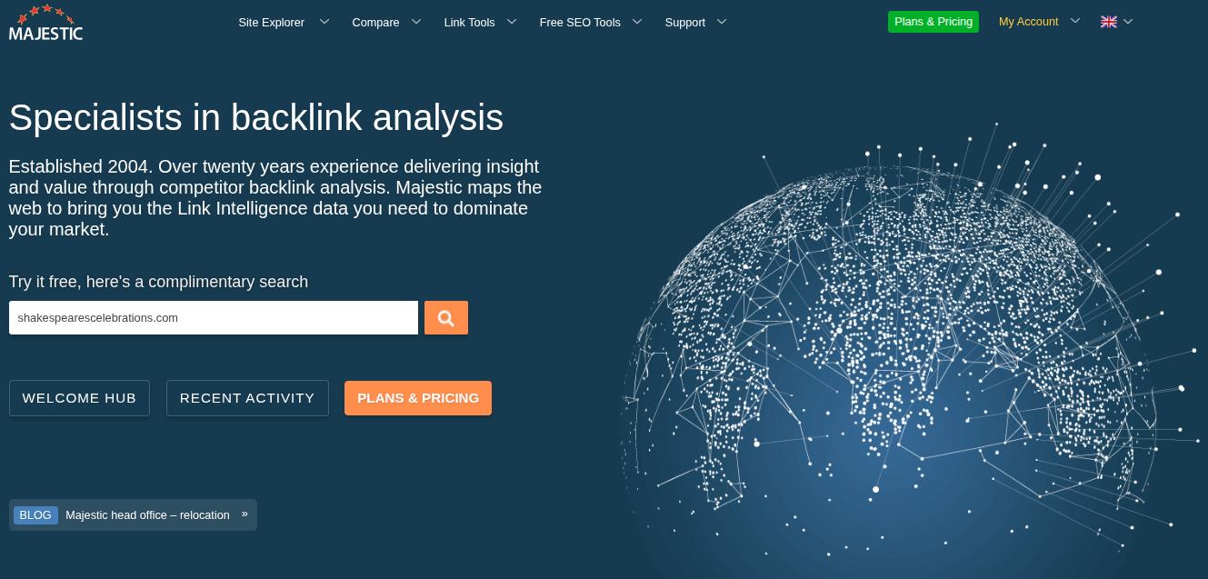 Majestic backlink SEO tool landing page.