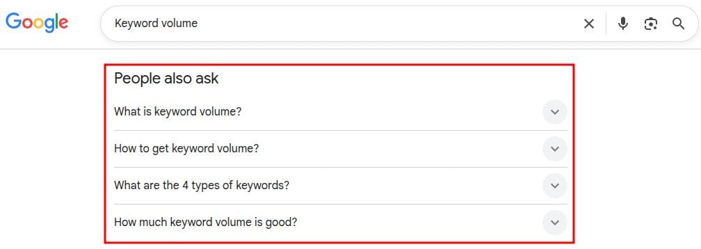 Google PAA box for keyword 'keyword volume.'