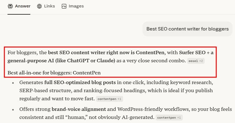 Perplexity 'SEO content writer for bloggers' example - Contentpen.ai.