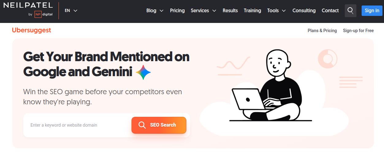 Ubersuggest landing page.
