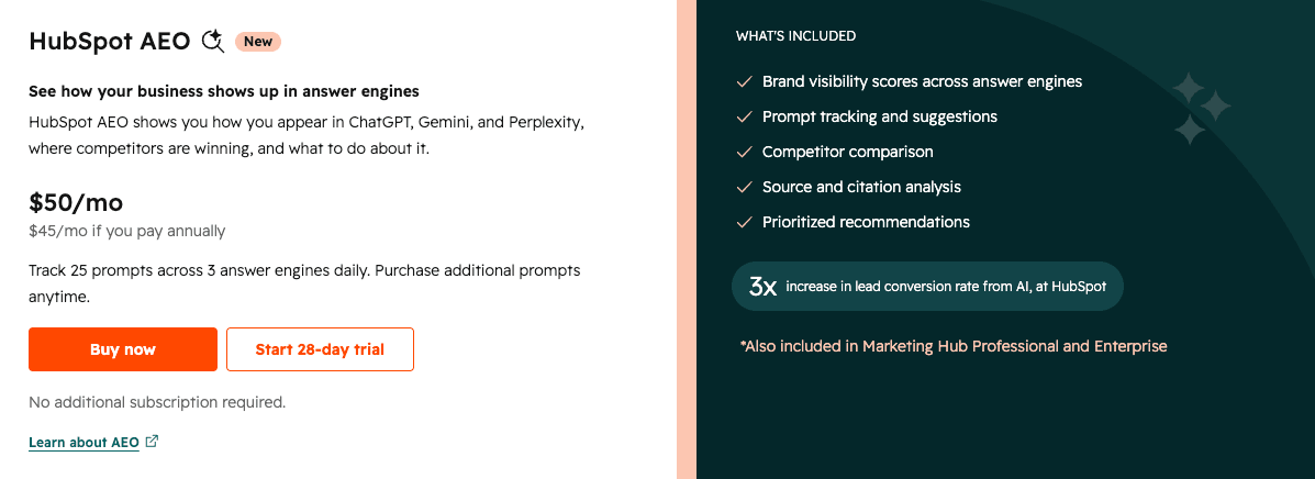 HubSpot AEO pricing.