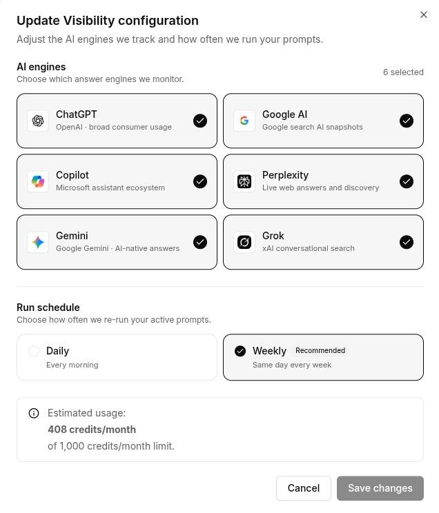 AI model selection screen for prompt tracking - Contentpen.ai.