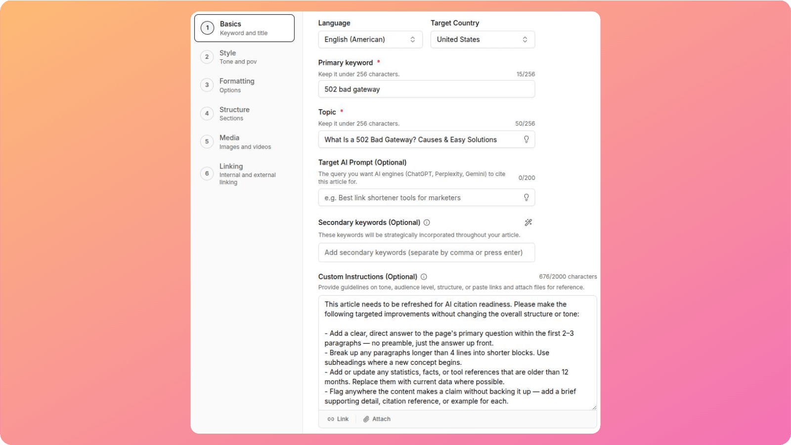 Custom prompt added to Contentpen for generating AEO-optimized content.