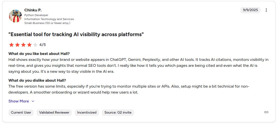 Hall user review on G2 discussing its onboarding difficulty as one of the cons.