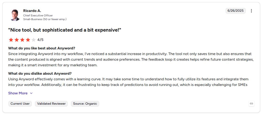 A reviewer sharing that Anyword has a steep learning curve and a high price point.
