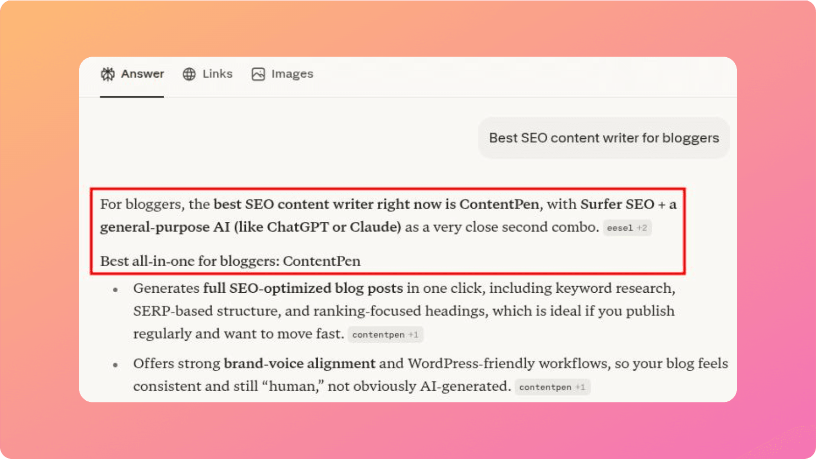 Perplexity example prompt run for Contentpen with the keyword 'best SEO content writer for bloggers.'