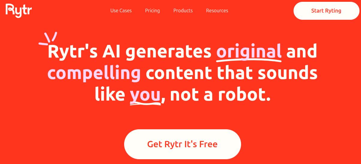 Rytr landing page.