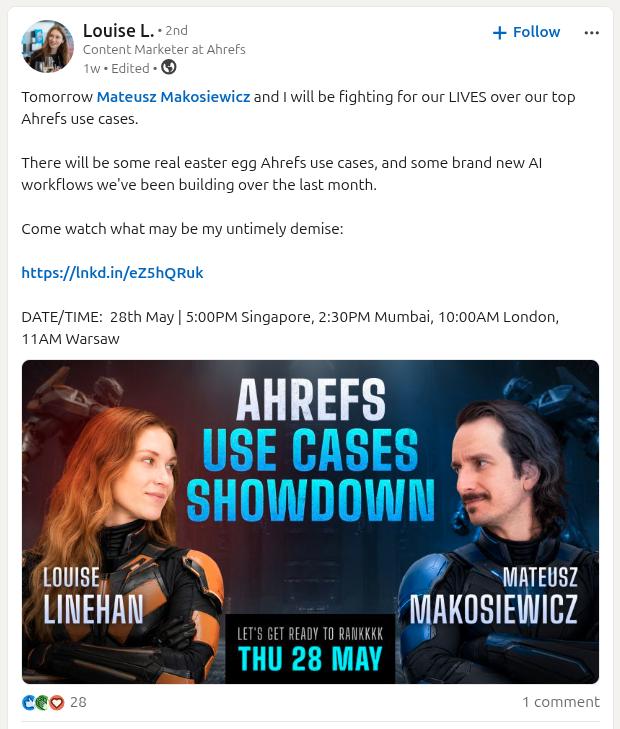 Louise L. from Ahrefs, having an Ahrefs use cases showdown - post from LinkedIn.